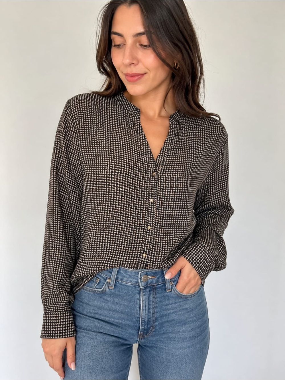 Smartset Black & White Houndstooth Button Front Blouse Size M